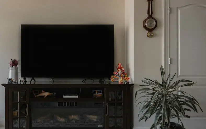 A large flat-screen television on a wooden stand in a living room, the kind of screen people use to watch AlwaysTivi in 4K